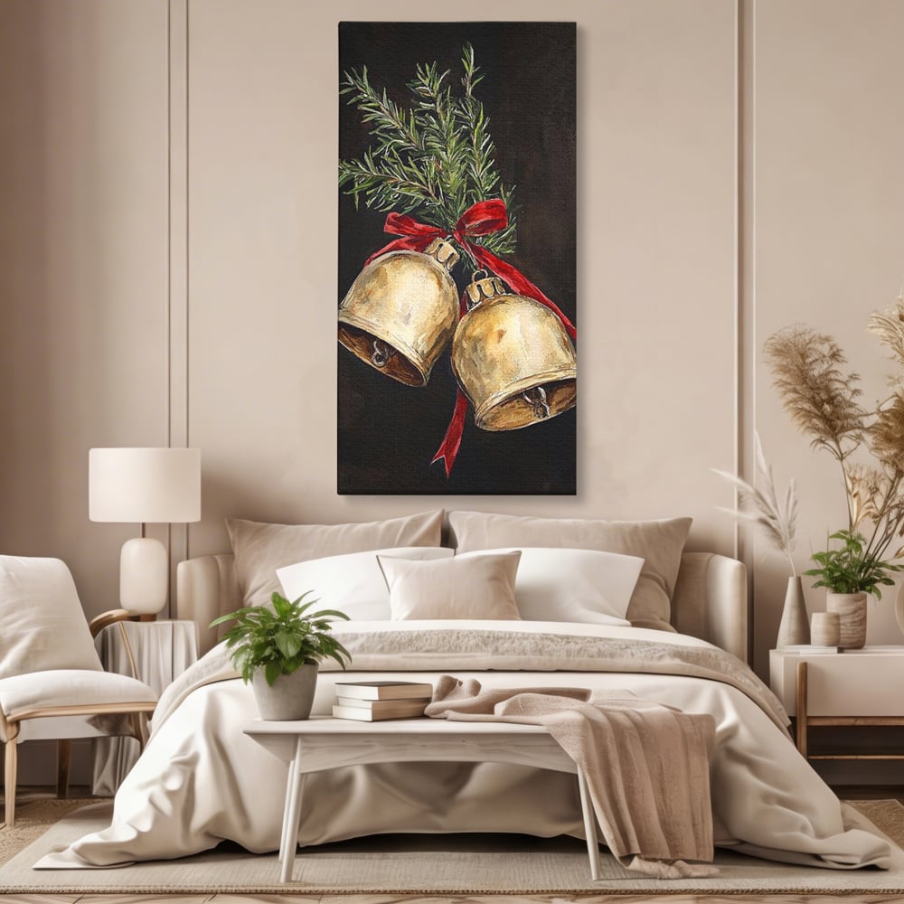 Tablou canvas cu tablou canvas cu clopotei de craciun, fara rama, pe sasiu de lemn, pe perete intr-un dormitor